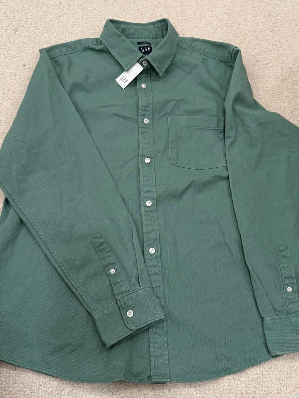 GAP Men's Standard Fit Green Solid Twill Long Sleeve Button-Up Shirt L